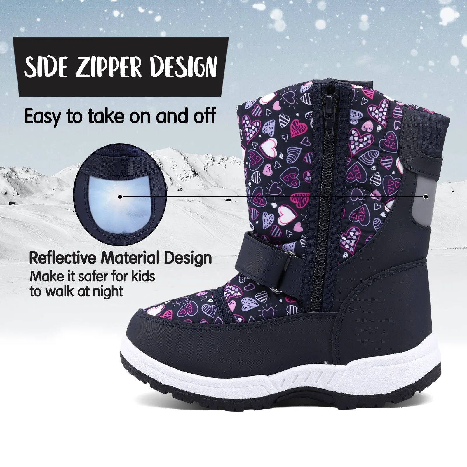 Color Heart Warm Waterproof Navy Snow Boots
