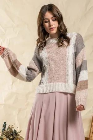 Colorblock Cable Knit Sweater - Light Khaki Multicolored