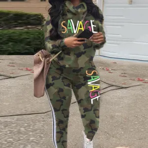 Colorblock Letter Print Long Sleeve Two Piece Set
