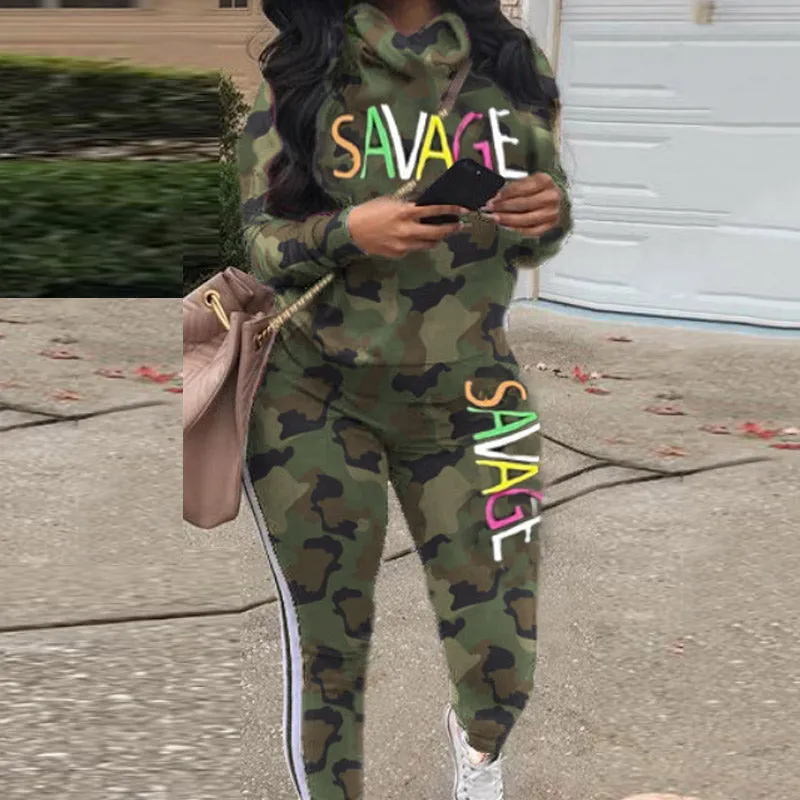 Colorblock Letter Print Long Sleeve Two Piece Set