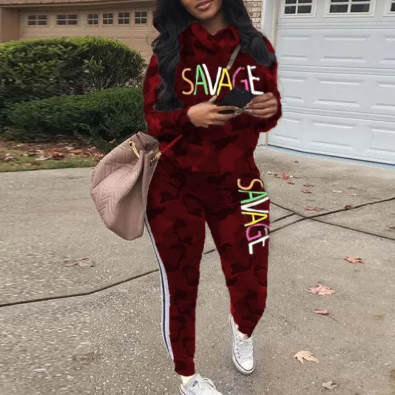 Colorblock Letter Print Long Sleeve Two Piece Set