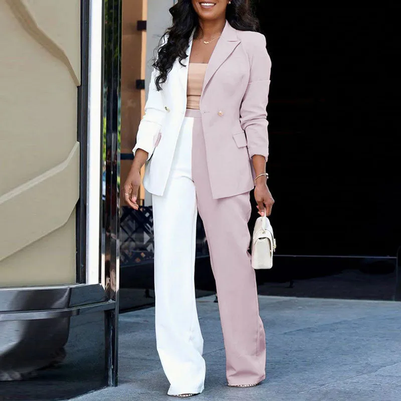 Colorblock Long Sleeve Blazer Coat & Pants Set