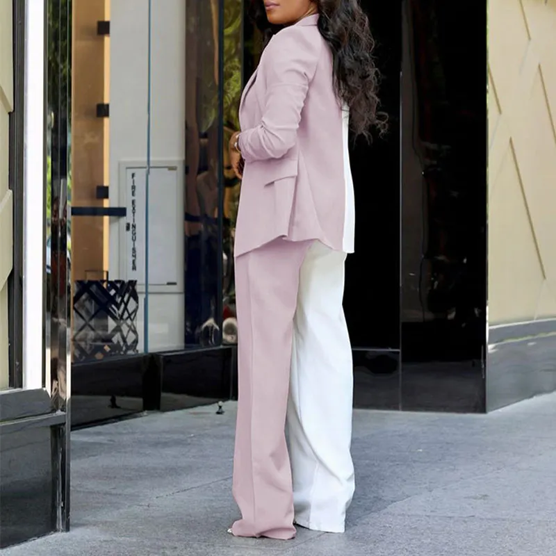 Colorblock Long Sleeve Blazer Coat & Pants Set