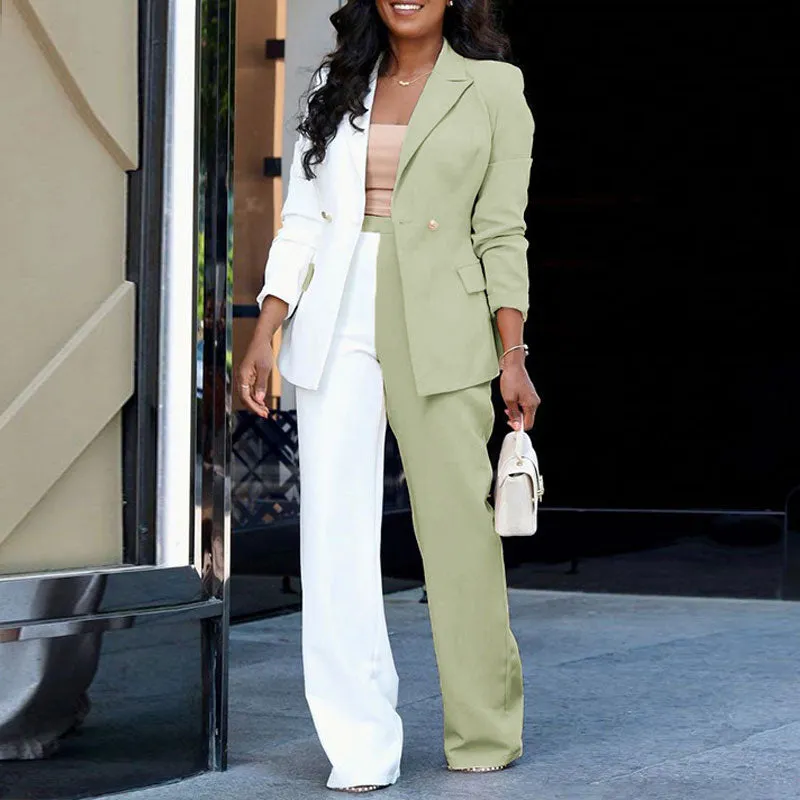 Colorblock Long Sleeve Blazer Coat & Pants Set