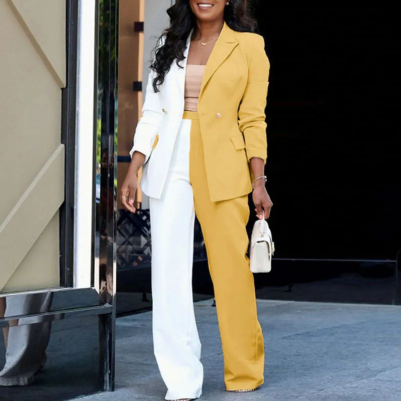 Colorblock Long Sleeve Blazer Coat & Pants Set