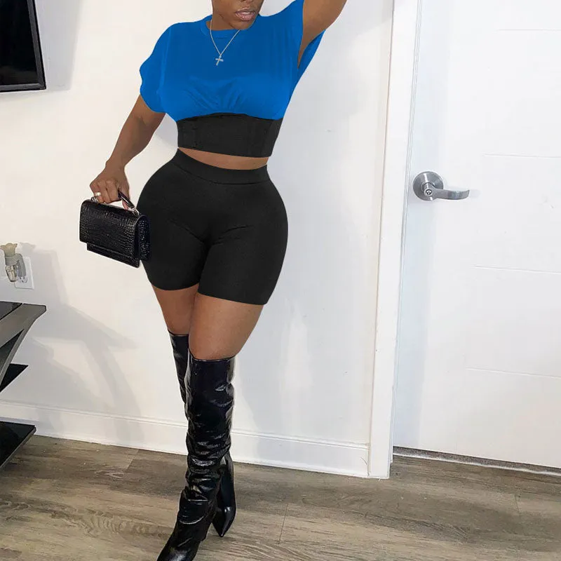 Colorblock Round Neck Short Sleeve Two Piece Shorts Set