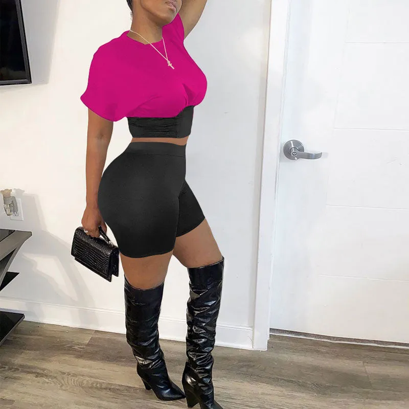 Colorblock Round Neck Short Sleeve Two Piece Shorts Set