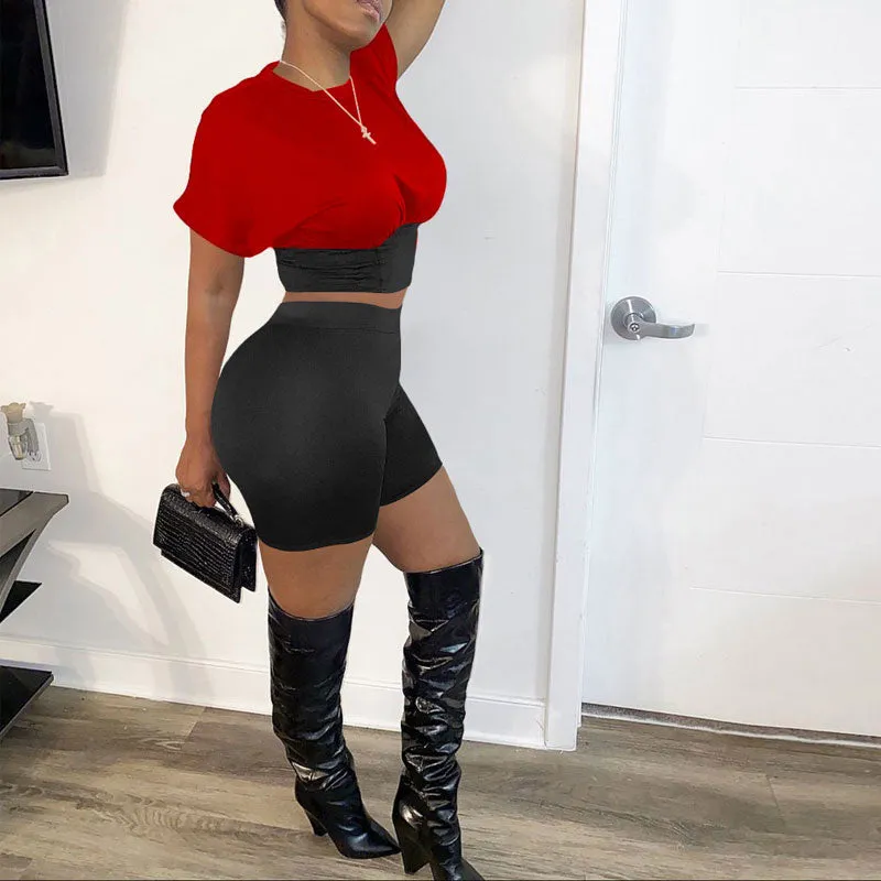 Colorblock Round Neck Short Sleeve Two Piece Shorts Set