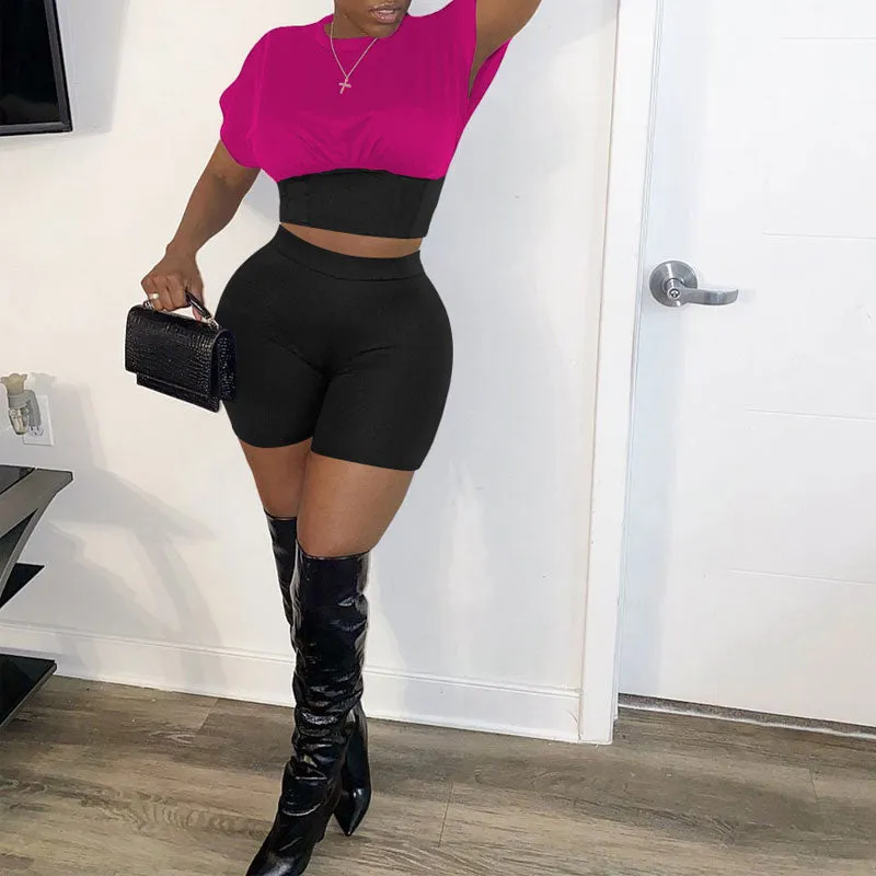 Colorblock Round Neck Short Sleeve Two Piece Shorts Set
