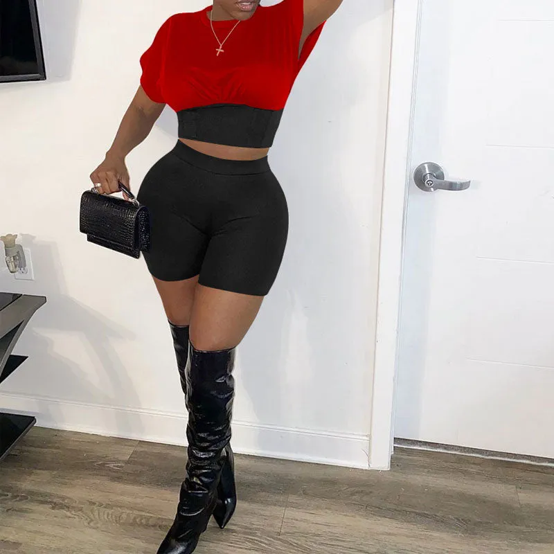 Colorblock Round Neck Short Sleeve Two Piece Shorts Set