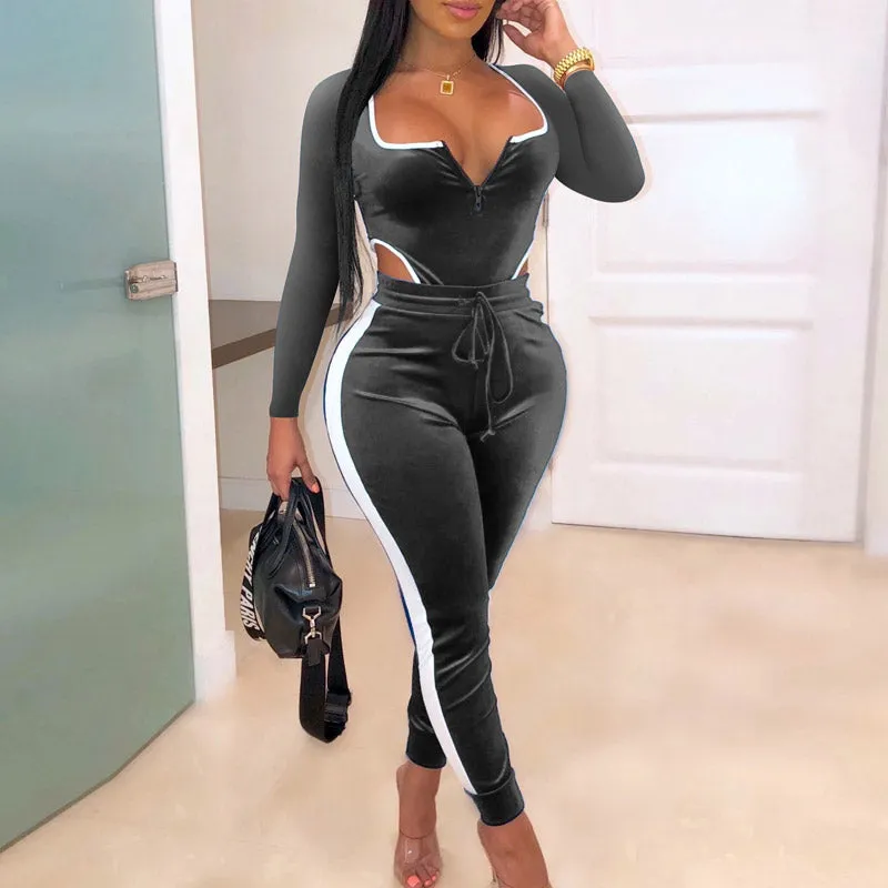 Colorblock Ruched Velvet Jumpsuit