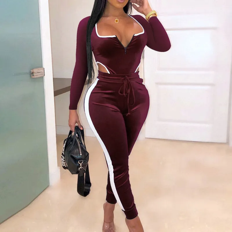 Colorblock Ruched Velvet Jumpsuit