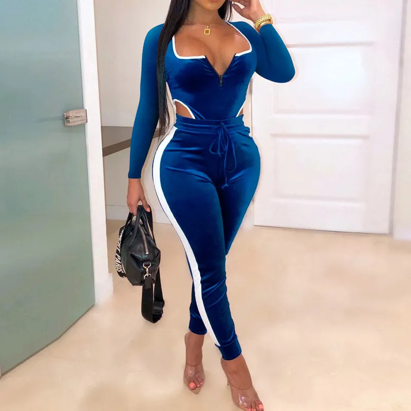 Colorblock Ruched Velvet Jumpsuit