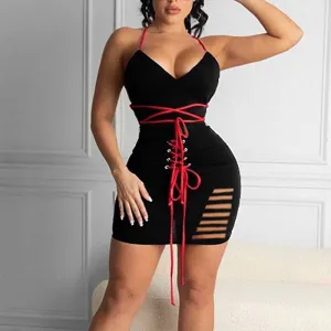 Colorblock Sleeveless Halter Cut Out Bandage Bodycon Dress