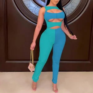 Colorblock Sleeveless Hollow Out Jumpsuit