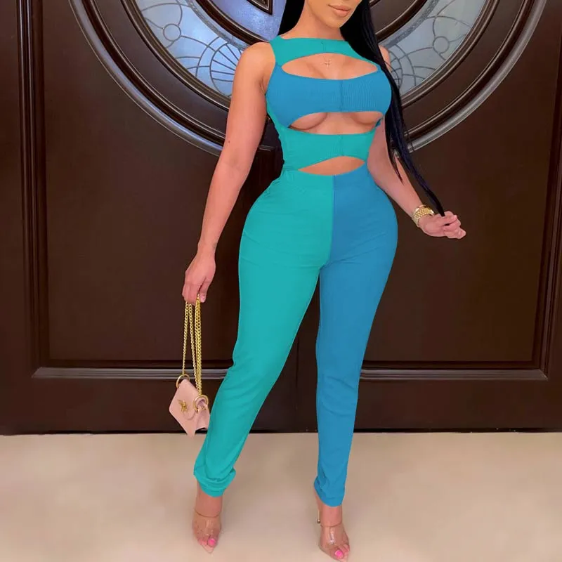 Colorblock Sleeveless Hollow Out Jumpsuit