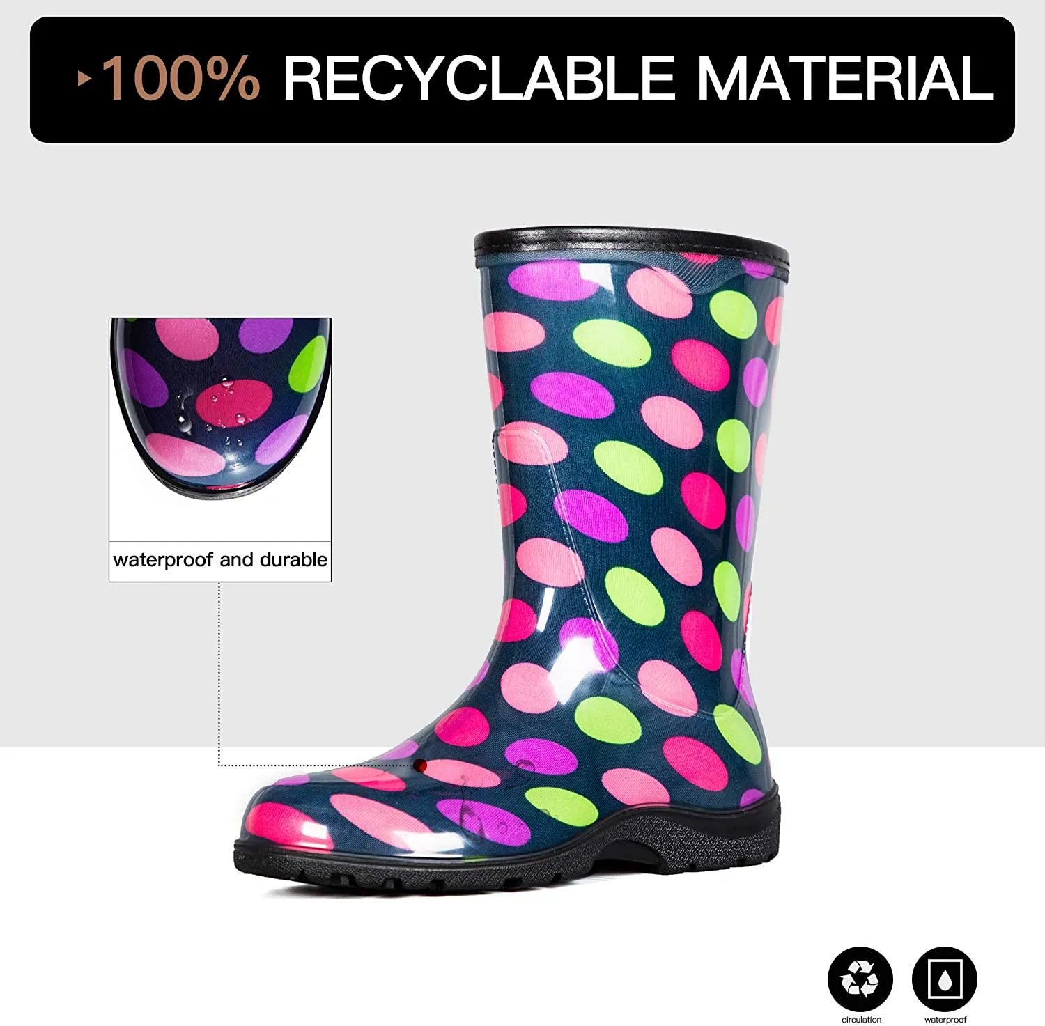 Colorful Polka Dot Waterproof Print Mid-Cut Rain Boots