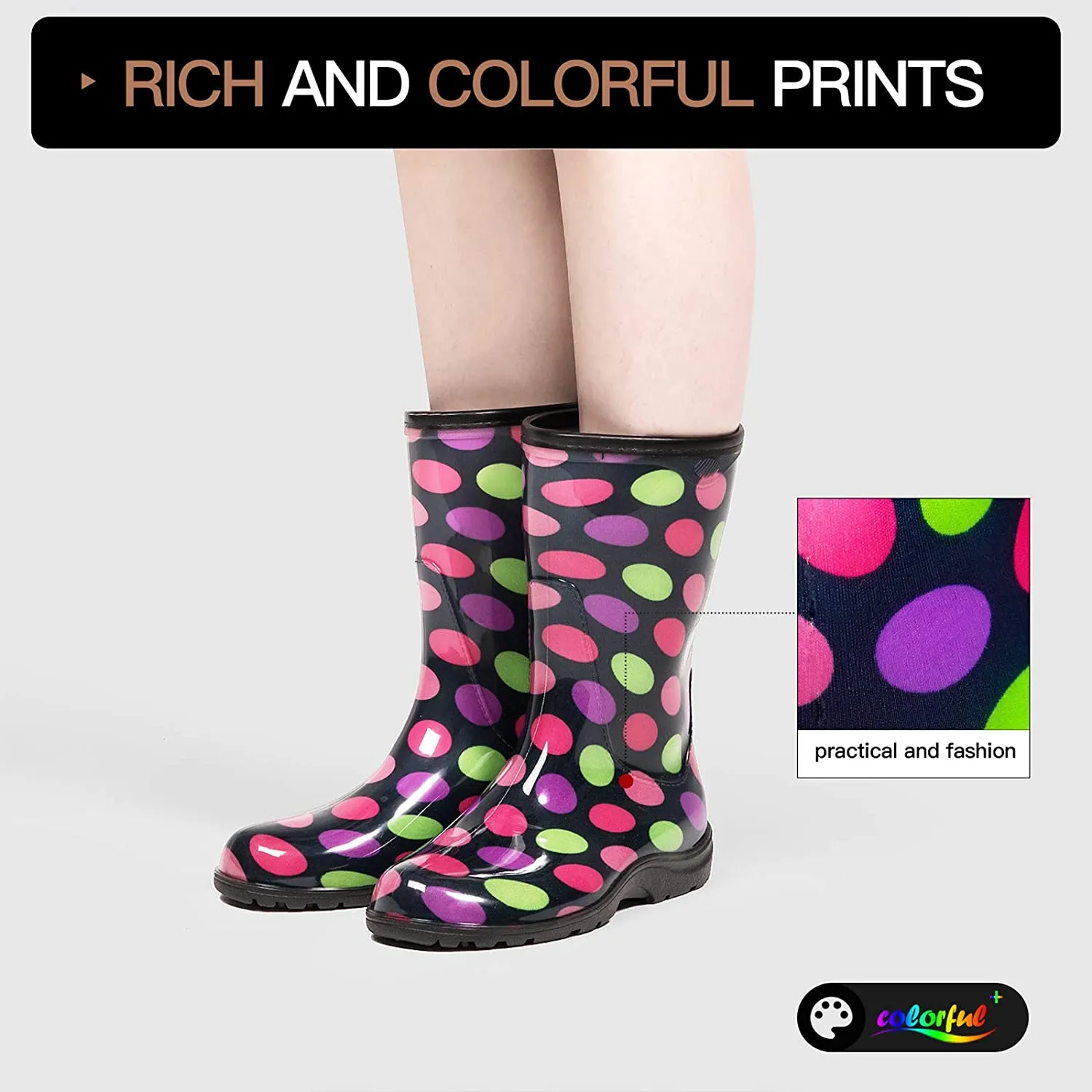 Colorful Polka Dot Waterproof Print Mid-Cut Rain Boots