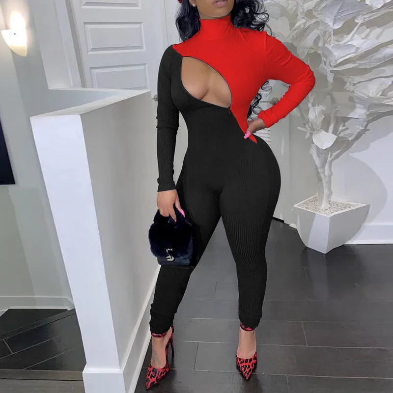 Contrast Colorblock Diagonal Zipper Ribbed Long Sleeve Jumpsuit