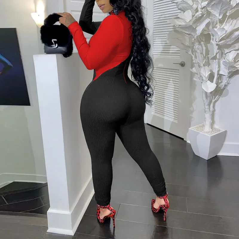 Contrast Colorblock Diagonal Zipper Ribbed Long Sleeve Jumpsuit