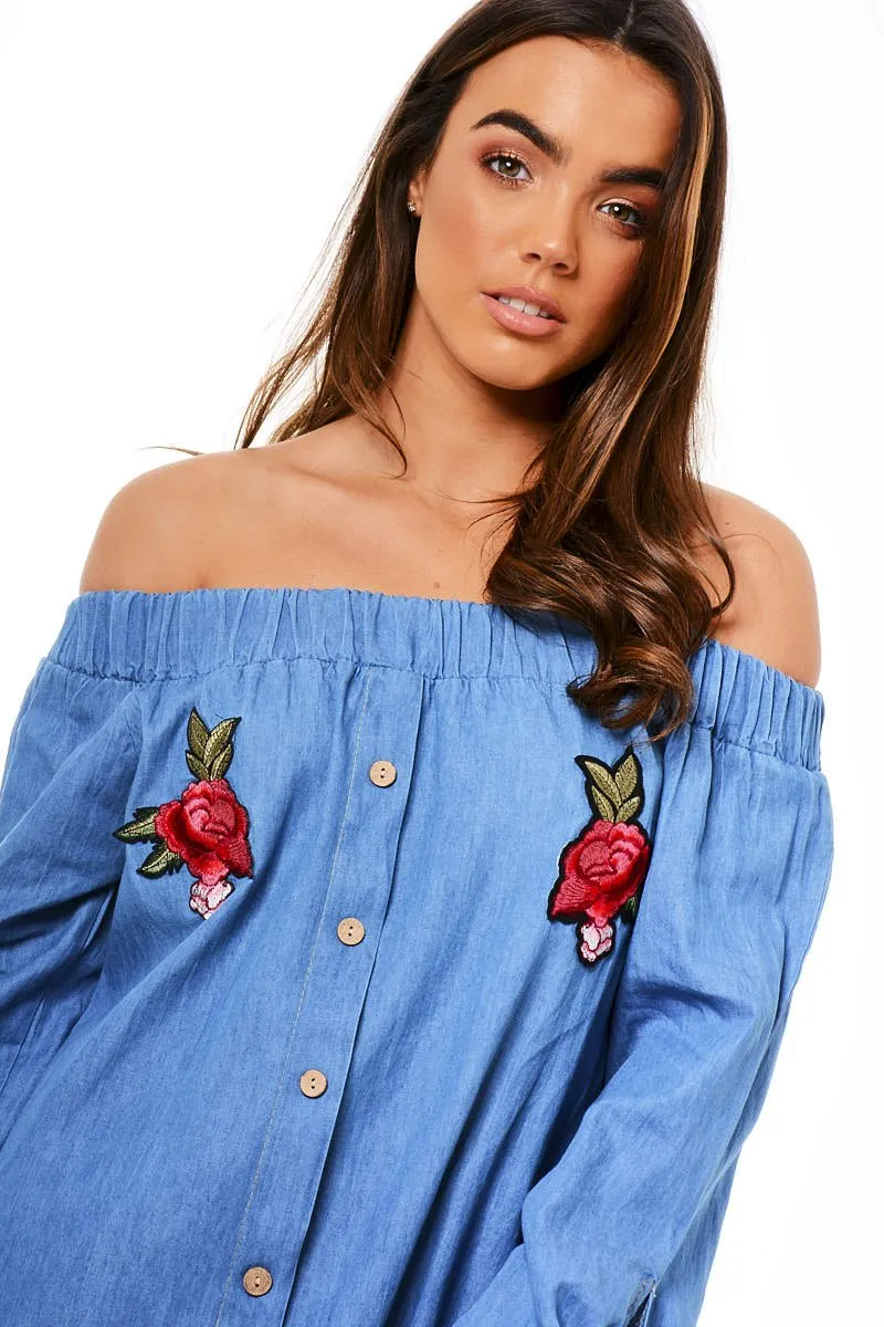 Denim Bardot Embroidered Mini Dress - Lena