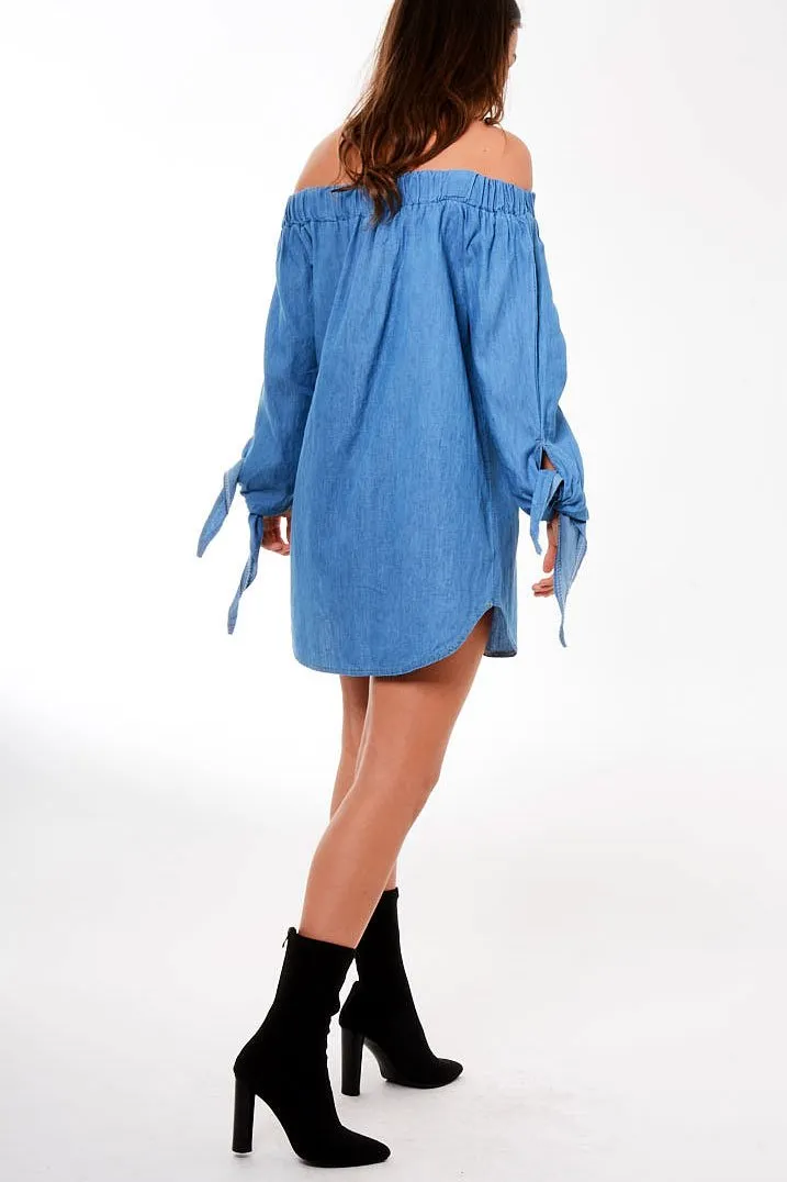 Denim Bardot Embroidered Mini Dress - Lena