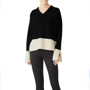Derek Lam Wool Contrast Rib V-Neck Sweater Size XS Black White