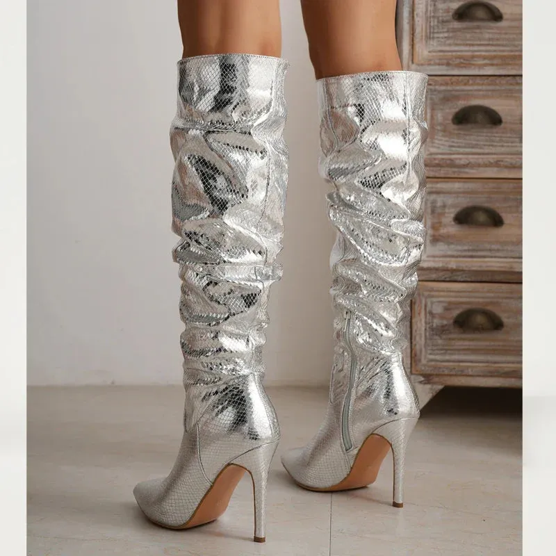 Diletta - Silver Pointed Toe Knee High Boots