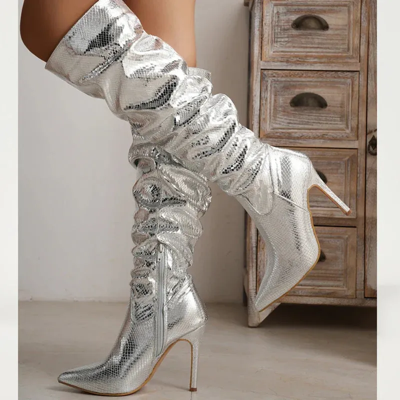 Diletta - Silver Pointed Toe Knee High Boots