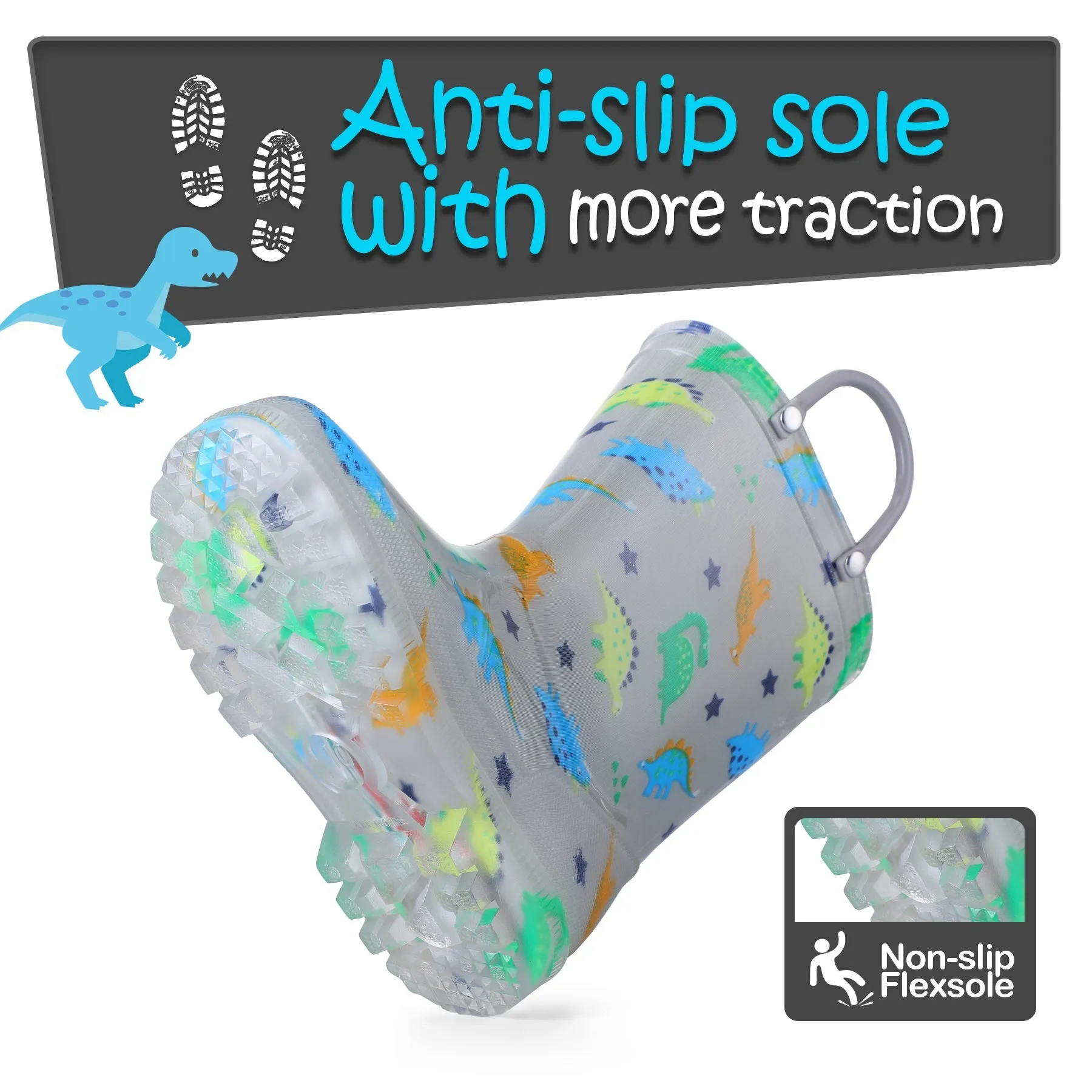 Dinosaur Print Kids Rain Boots-Gray