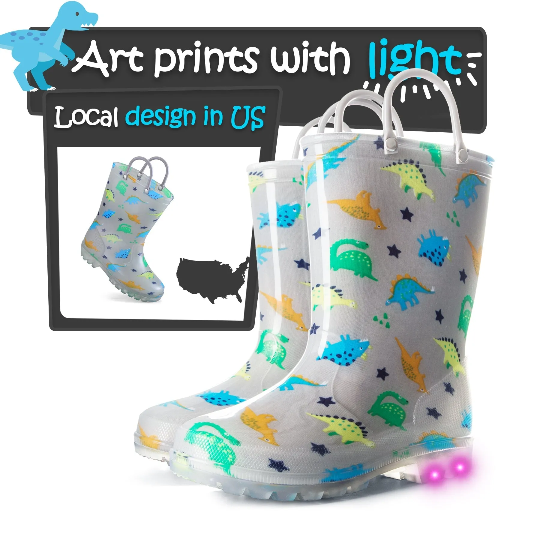Dinosaur Print Kids Rain Boots-Gray