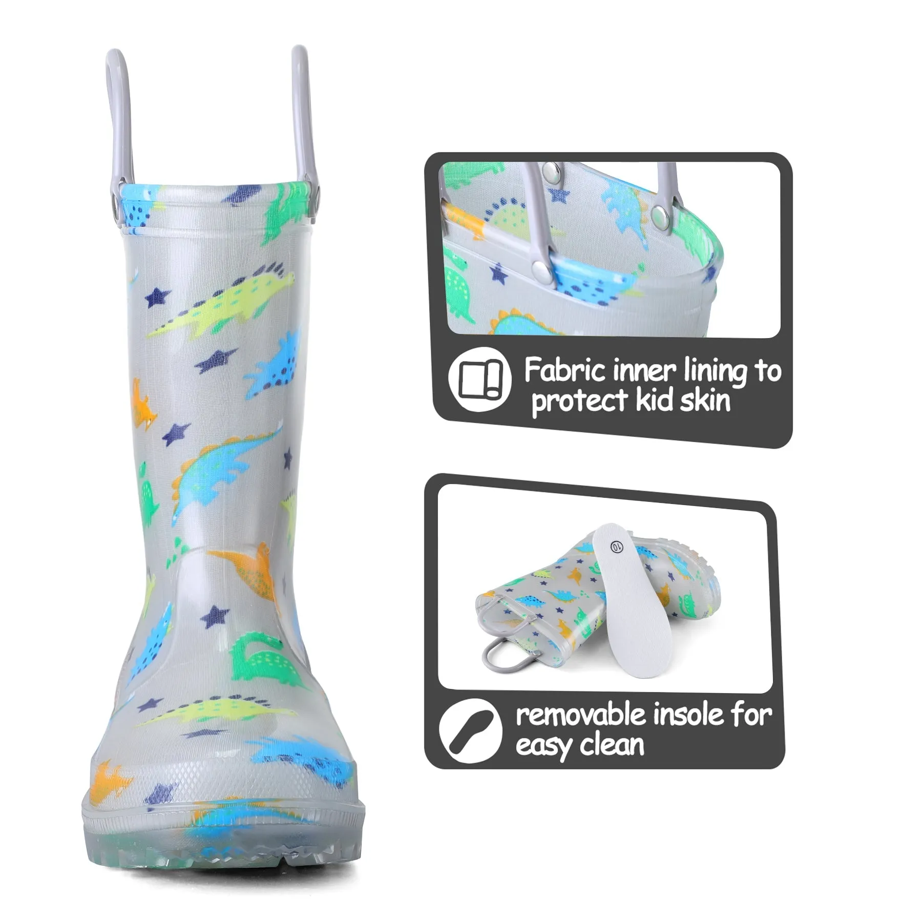 Dinosaur Print Kids Rain Boots-Gray
