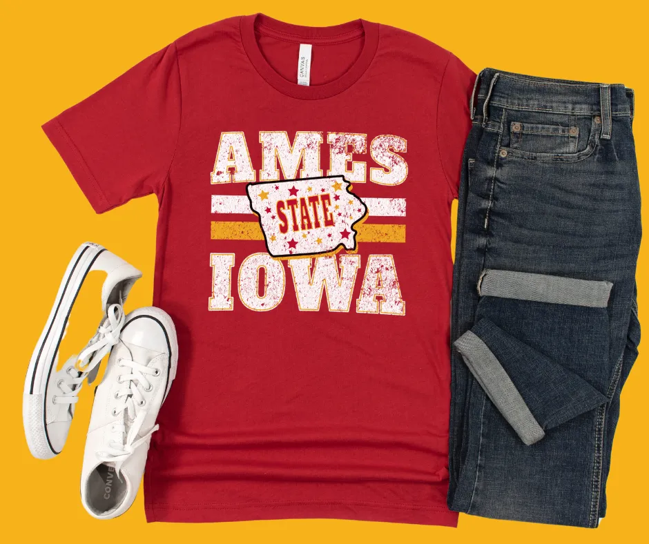 Distressed Ames Iowa Maroon Tee