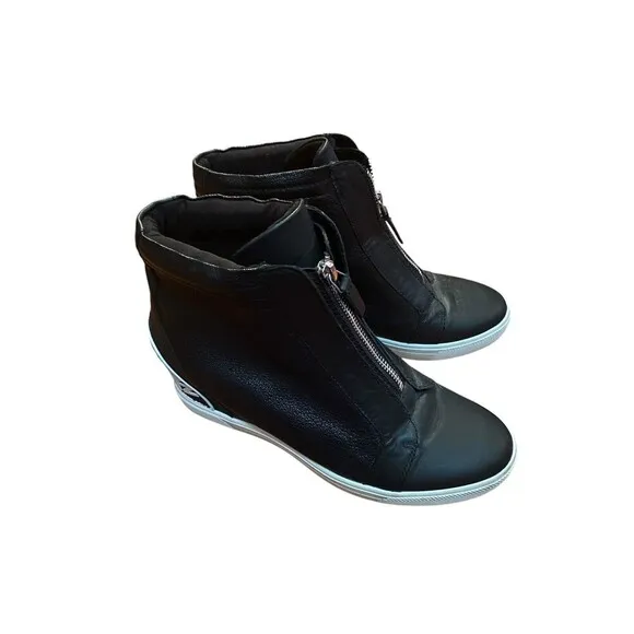 DKNY Donna Karan Size 9.5 Black White Connie Wedge Platform Sneaker Boots EUC
