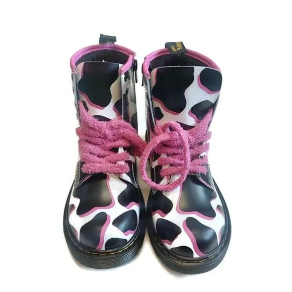 Dr. Martens Kids Collection Leather Boots Big Kids Size 3 White Cow Print 1460 J