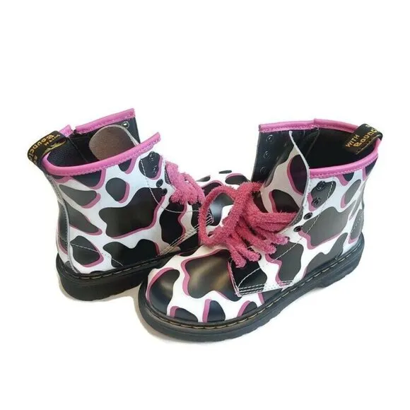 Dr. Martens Kids Collection Leather Boots Big Kids Size 3 White Cow Print 1460 J