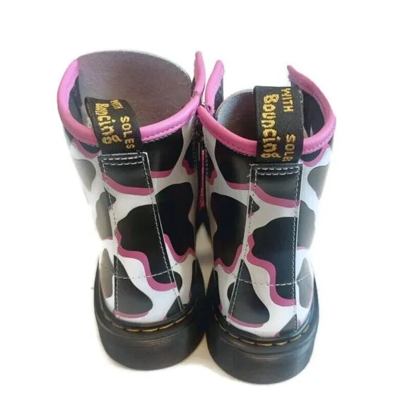 Dr. Martens Kids Collection Leather Boots Big Kids Size 3 White Cow Print 1460 J
