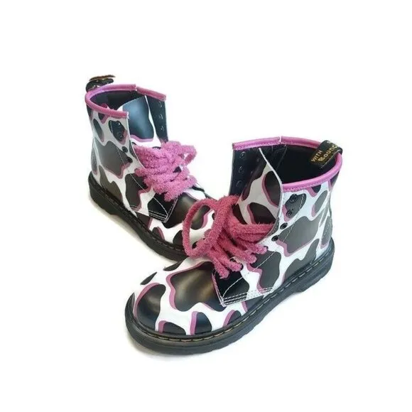 Dr. Martens Kids Collection Leather Boots Big Kids Size 3 White Cow Print 1460 J
