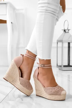 Espadrilles nude con zeppa in corda e ricamo