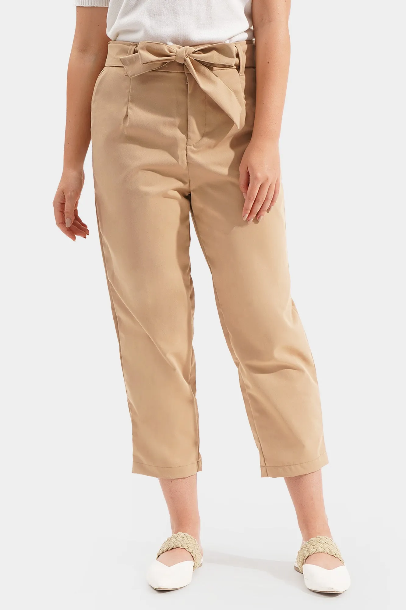 Fine Line Tie Waist Ankle Length Trousers
