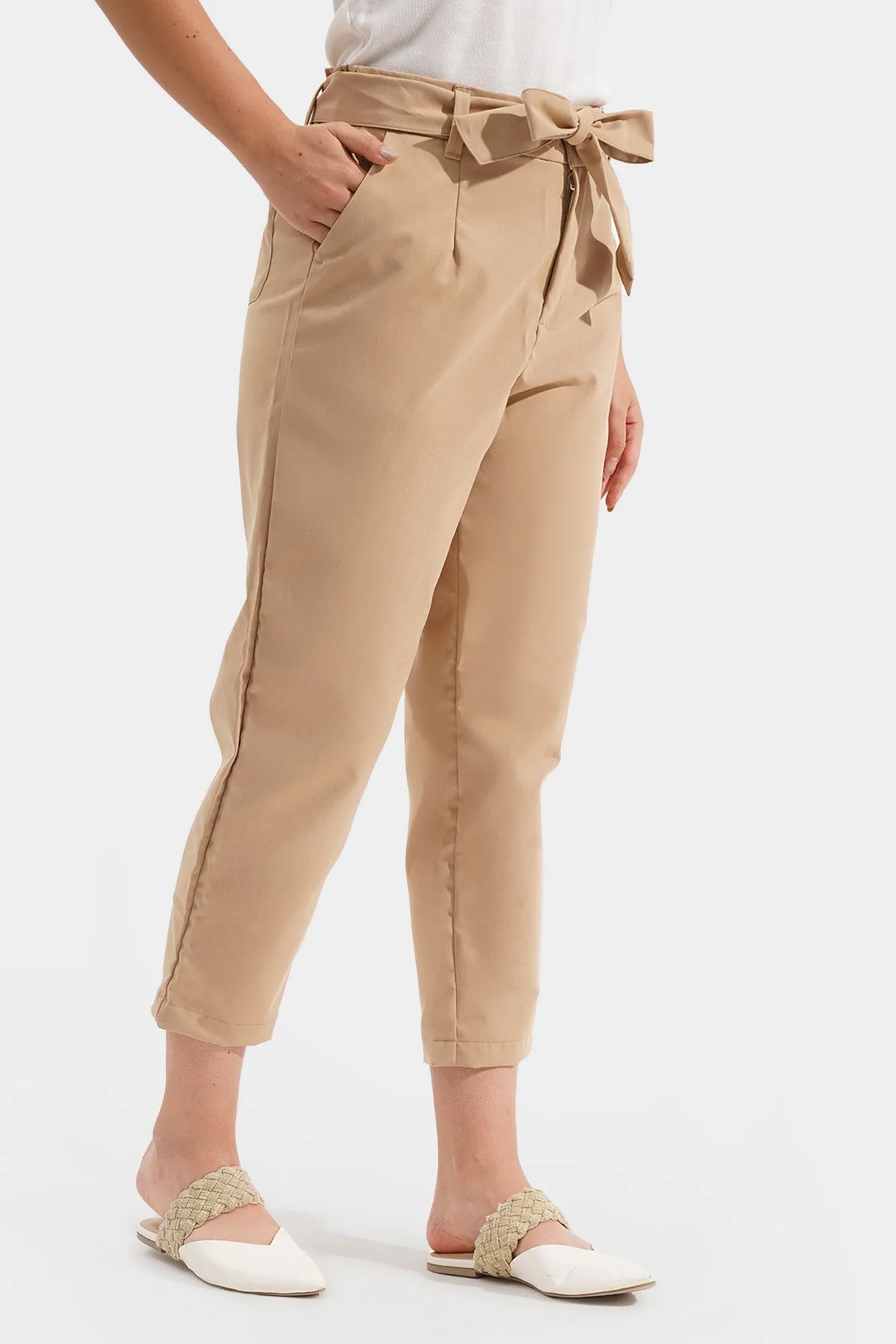 Fine Line Tie Waist Ankle Length Trousers