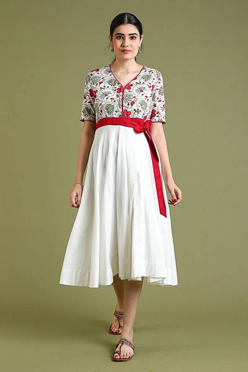 Flare Dress with Handblock Printed Top in White Cotton