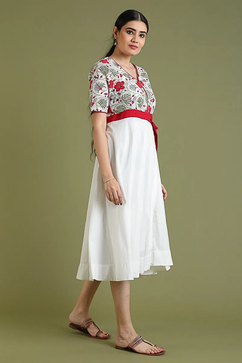 Flare Dress with Handblock Printed Top in White Cotton