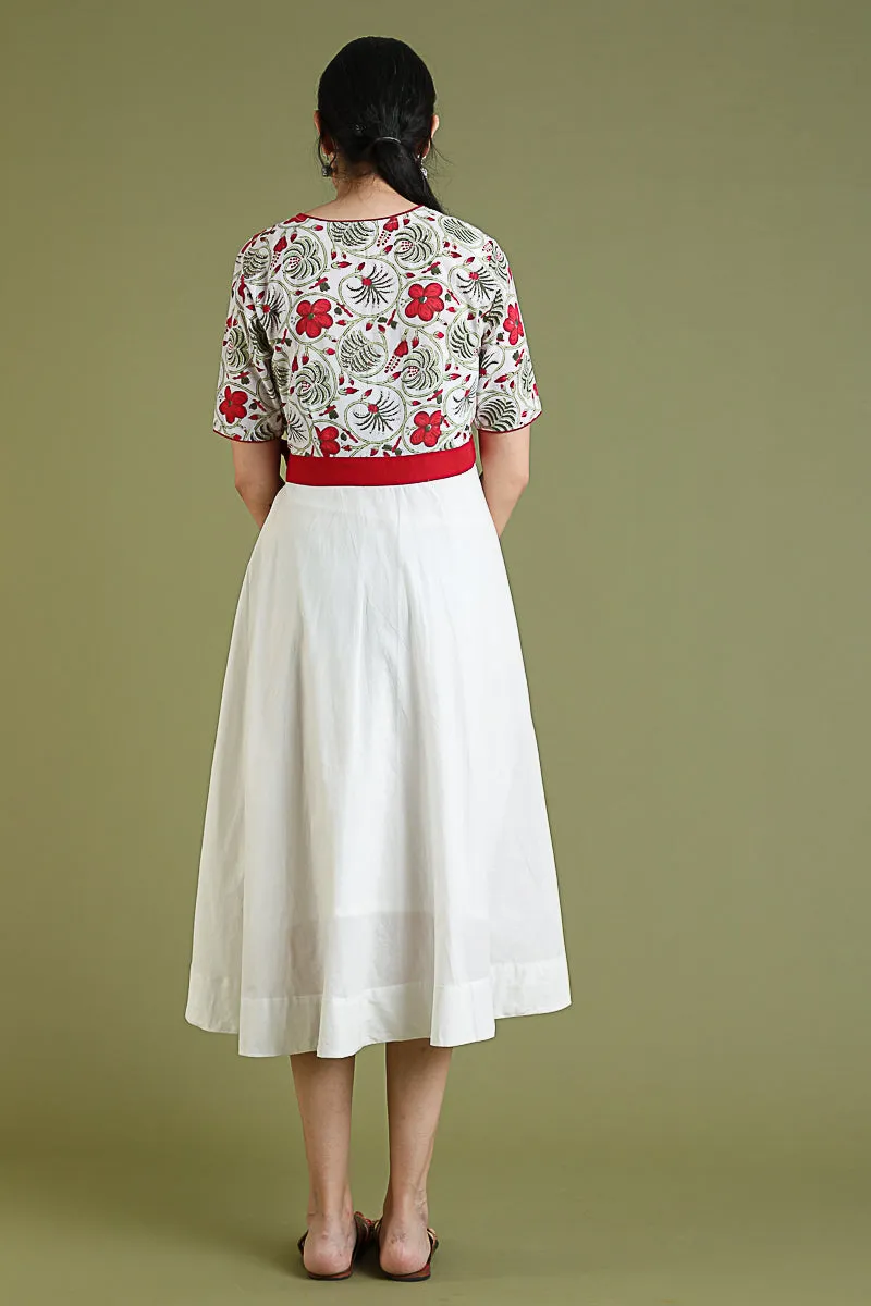 Flare Dress with Handblock Printed Top in White Cotton