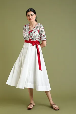Flare Dress with Handblock Printed Top in White Cotton