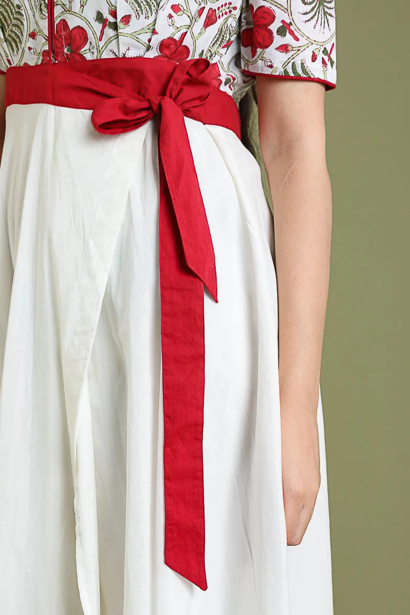 Flare Dress with Handblock Printed Top in White Cotton