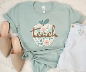 Floral Apple Teach Dusty Blue Tee
