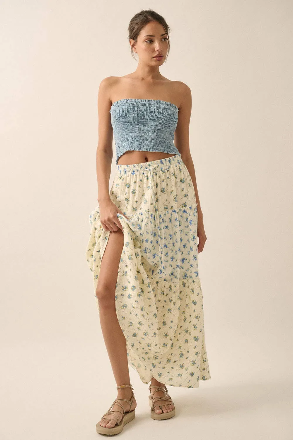 FLORAL CRINKLE COTTON COLORBLOCK TIERED MAXI SKIRT
