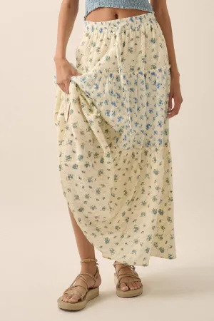 FLORAL CRINKLE COTTON COLORBLOCK TIERED MAXI SKIRT