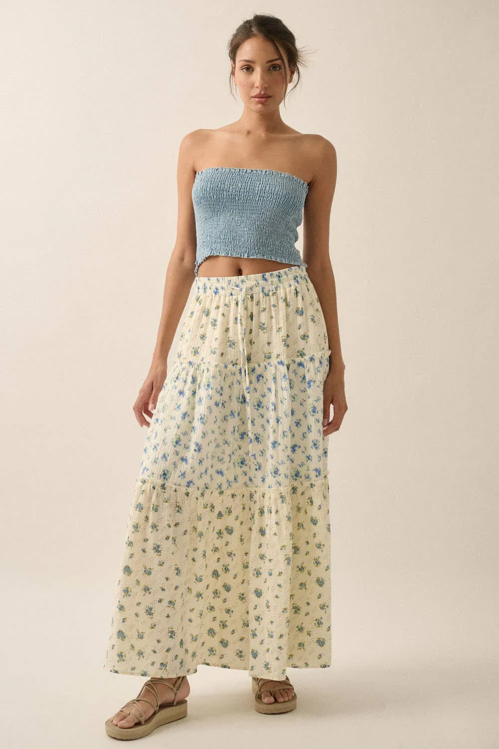 FLORAL CRINKLE COTTON COLORBLOCK TIERED MAXI SKIRT